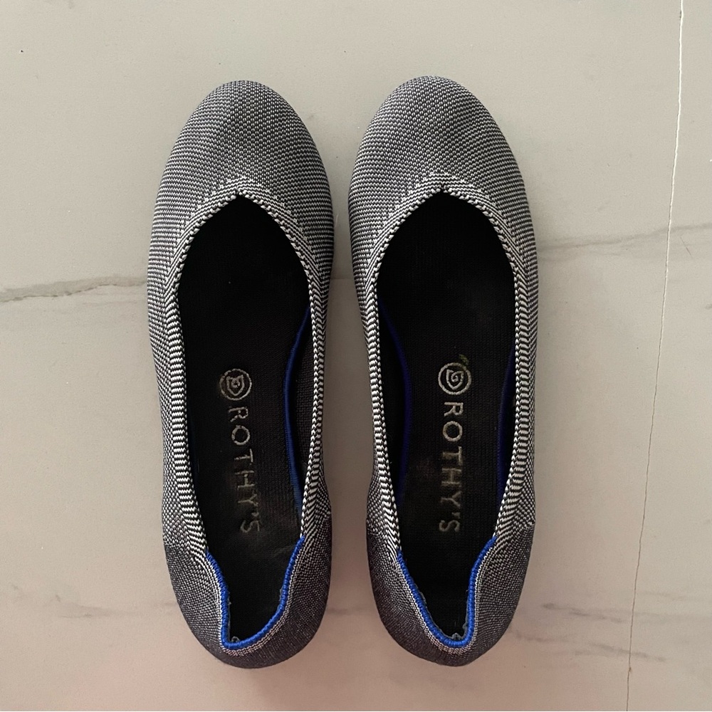 Rothy's The Flat Cloud Grey Birdseye Round Toe Ballet Blue White Size 10